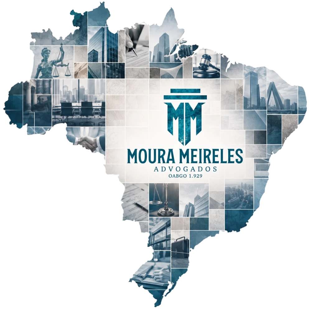 Mapa do Brasil estilizado em mosaico com fotografias em tons de azul representando o escritório Moura Meireles Advogados, ícones da justiça, prédios corporativos e documentos jurídicos, com logotipo da banca ao centro, design institucional elegante