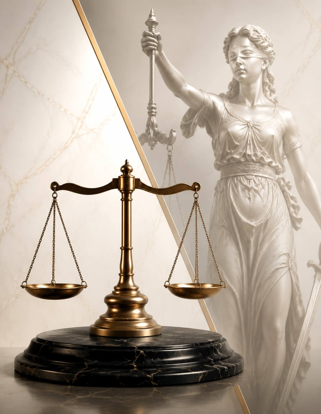 Balança da justiça dourada sobre pedestal de mármore preto, ao fundo estátua clássica da deusa da justiça com venda nos olhos e espada, paleta em tons dourados e brancos, iluminação suave e elegante, still-life fotorrealista simbolizando defesa em processos disciplinares na OAB