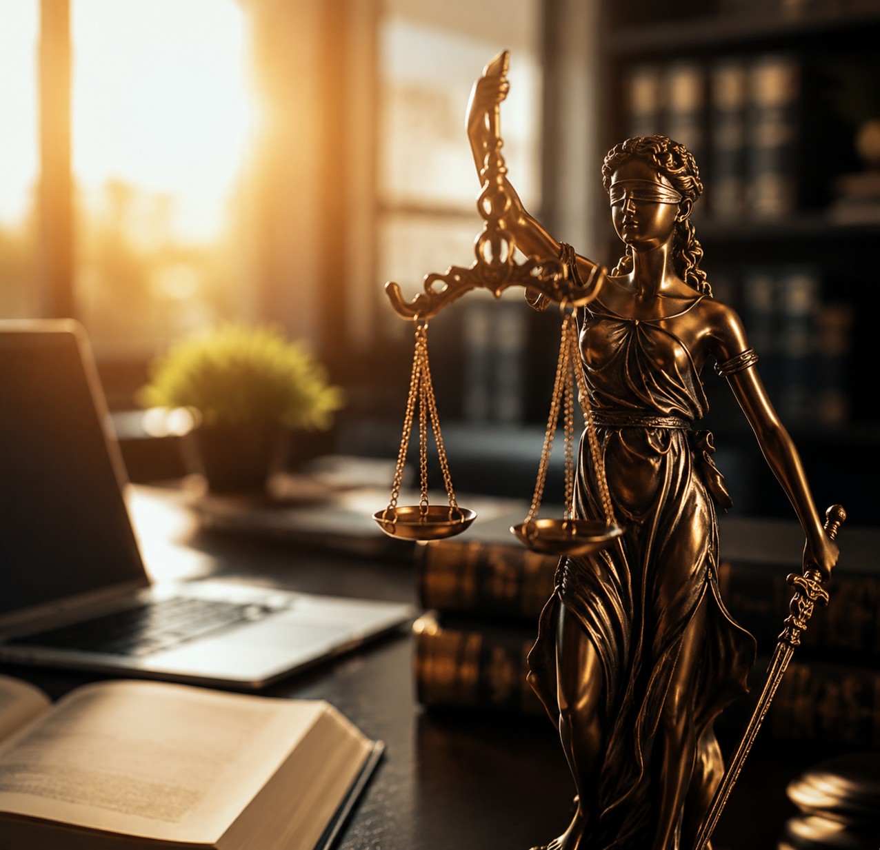 Estatueta dourada da deusa da justiça com balança e espada sobre mesa de escritório, ao fundo notebook aberto, livro jurídico e estantes com livros de direito, luz do entardecer entrando pela janela, paleta em tons dourados e âmbar, iluminação quente e dramática, fotografia profissional ultra-realista de ambiente jurídico