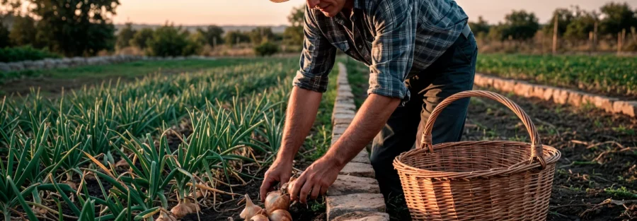 Agricultor colhendo cebolas no campo, ilustrando os direitos dos trabalhadores rurais