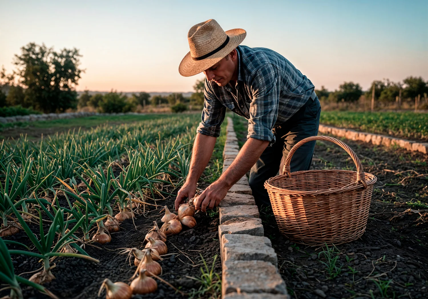 Agricultor colhendo cebolas no campo, ilustrando os direitos dos trabalhadores rurais