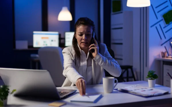 Uma profissional realiza hora extra a noite.