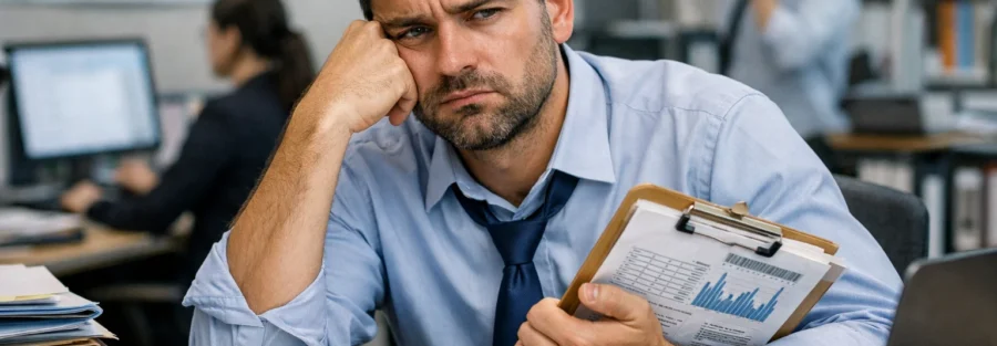 Trabalhador de escritório frustrado e sobrecarregado, segurando prancheta com gráficos, refletindo insatisfação por desvio de função.
