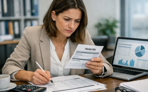 piso-salarial Profissional de escritório concentrada analisando holerite e planilhas financeiras, verificando valores e descontos salariais.