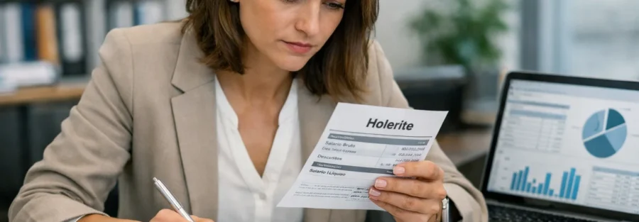 Profissional de escritório concentrada analisando holerite e planilhas financeiras, verificando valores e descontos salariais.