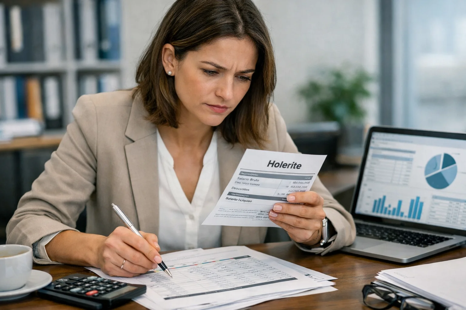 Profissional de escritório concentrada analisando holerite e planilhas financeiras, verificando valores e descontos salariais.