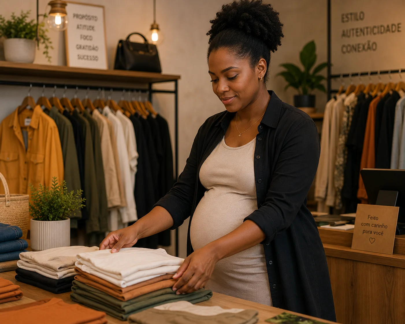 mulher grávida trabalha em loja de roupas e tem estabilidade no emprego.